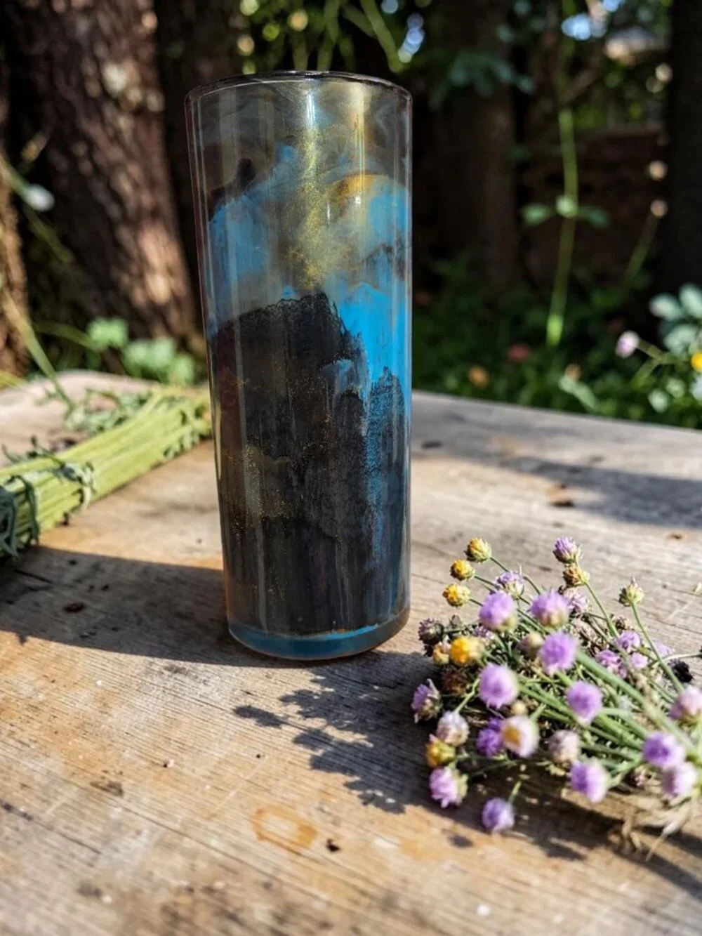 Handpainted OOAK Acrylic Pour Cylinder Vase, Teal Blue Black Gold, Unique Art